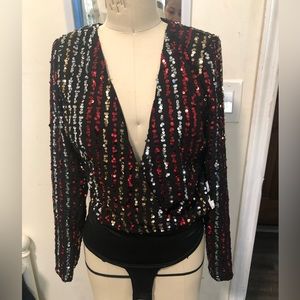 BLACK SEQUIN STRIPE LONG SLEEVE WRAP BODYSUIT, brand: Boohoo